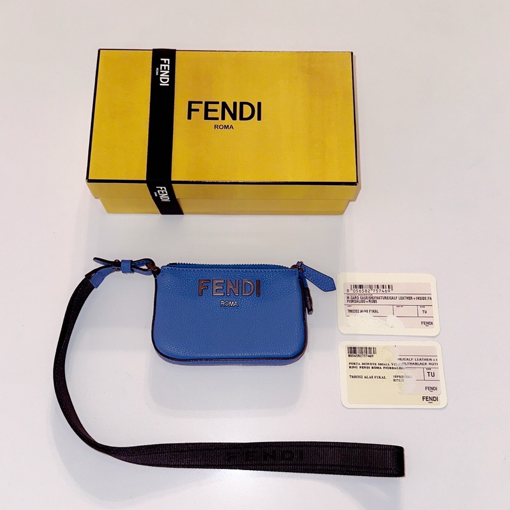 Fendi blue calf leather porta monete small card case pochette w logo lanyard